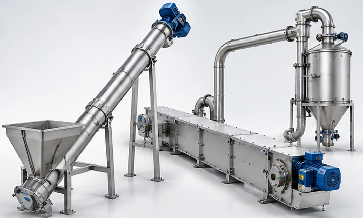 Conceptual illustration of industrial bulk material conveying equipment