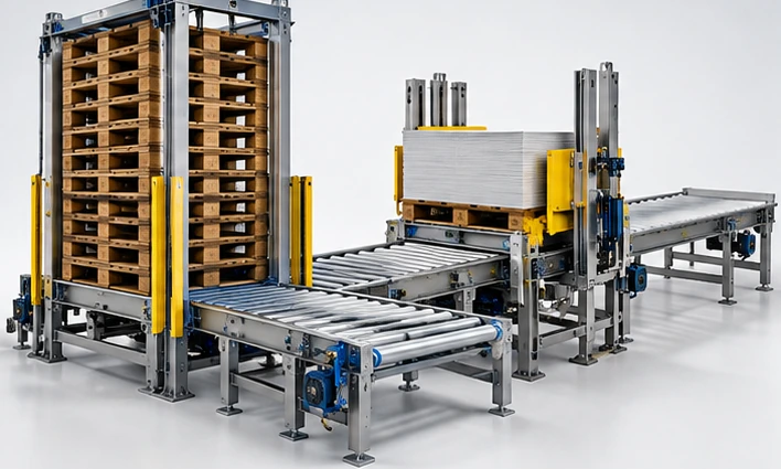 Conceptual illustration of pallet handling and conveyor automation