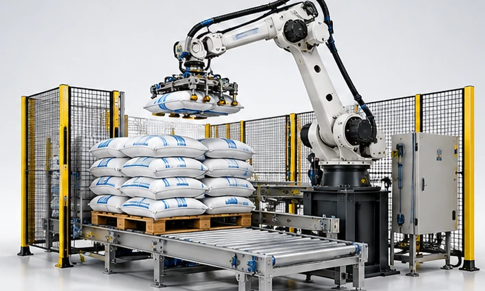 Conceptual illustration of robotic bag palletizing equipment