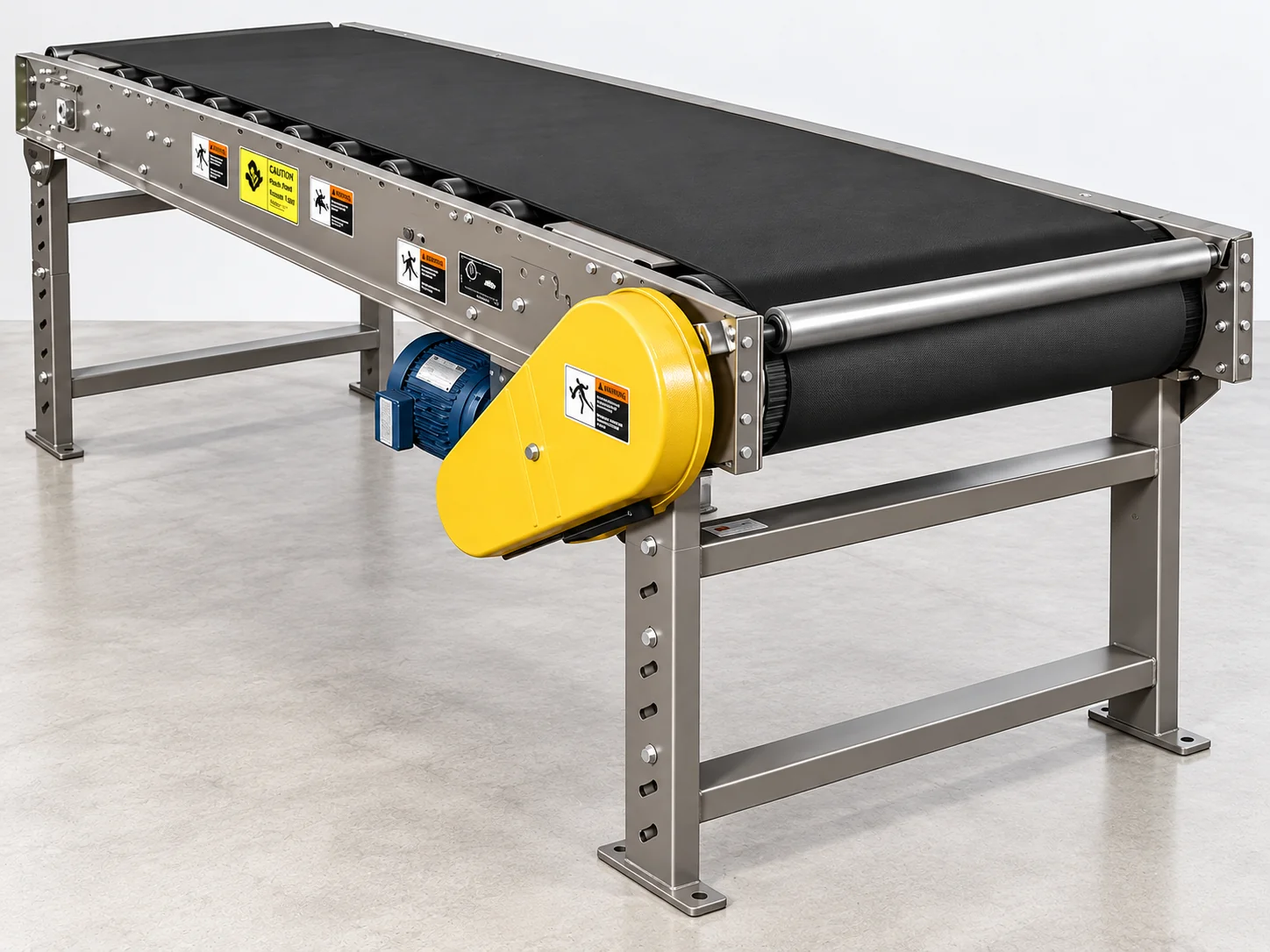 Industrial belt conveyor with gray frame, black belt and yellow drive guard