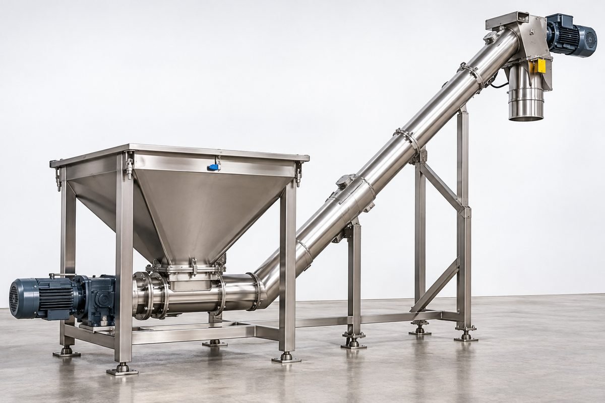 Industrial bulk material conveying system with stainless steel screw conveyor and feed hopper