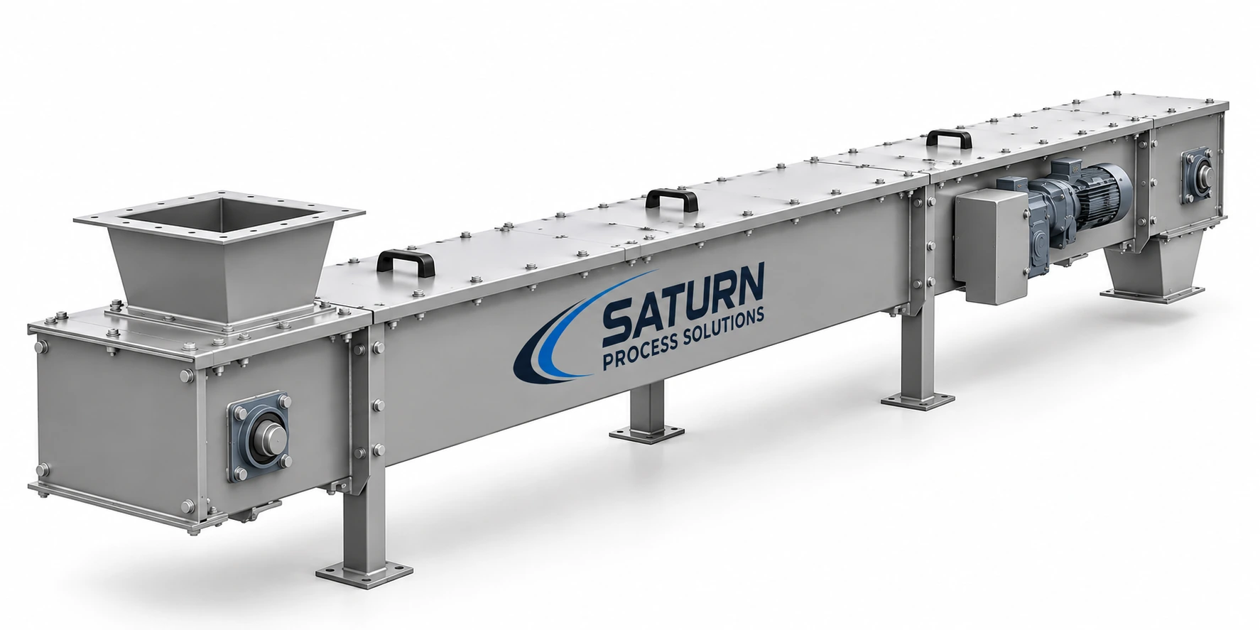 Saturn enclosed rectangular chain drag conveyor with inlet hopper, drive and discharge
