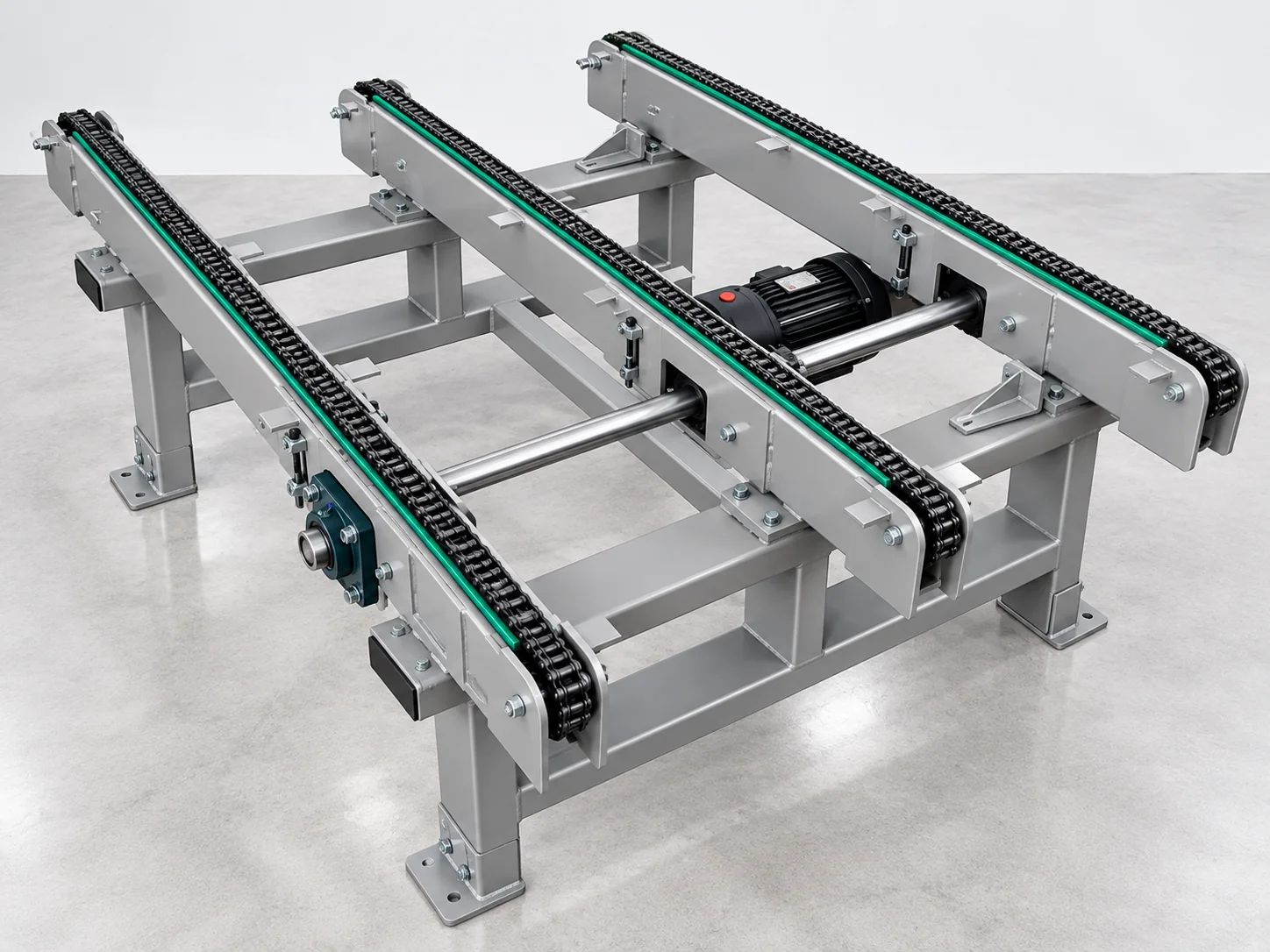 Three-strand chain pallet conveyor with gray steel frame and black chain tracks