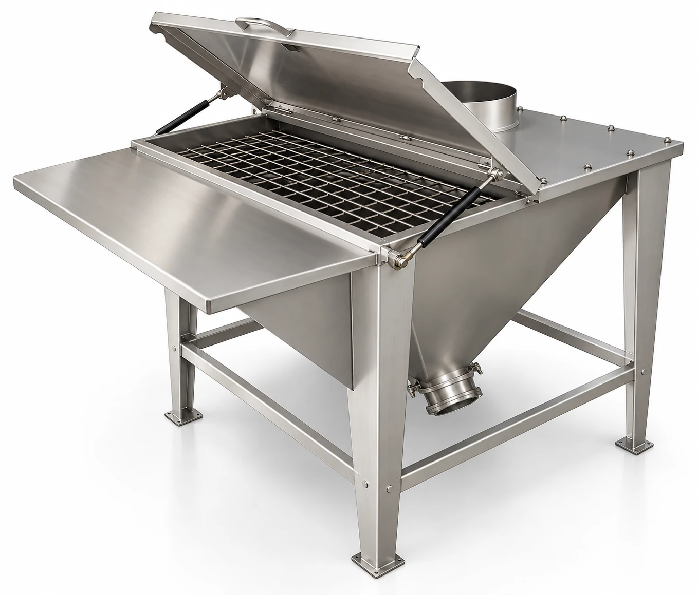 Saturn low-profile stainless steel hand dump station with open hinged lid and safety grate