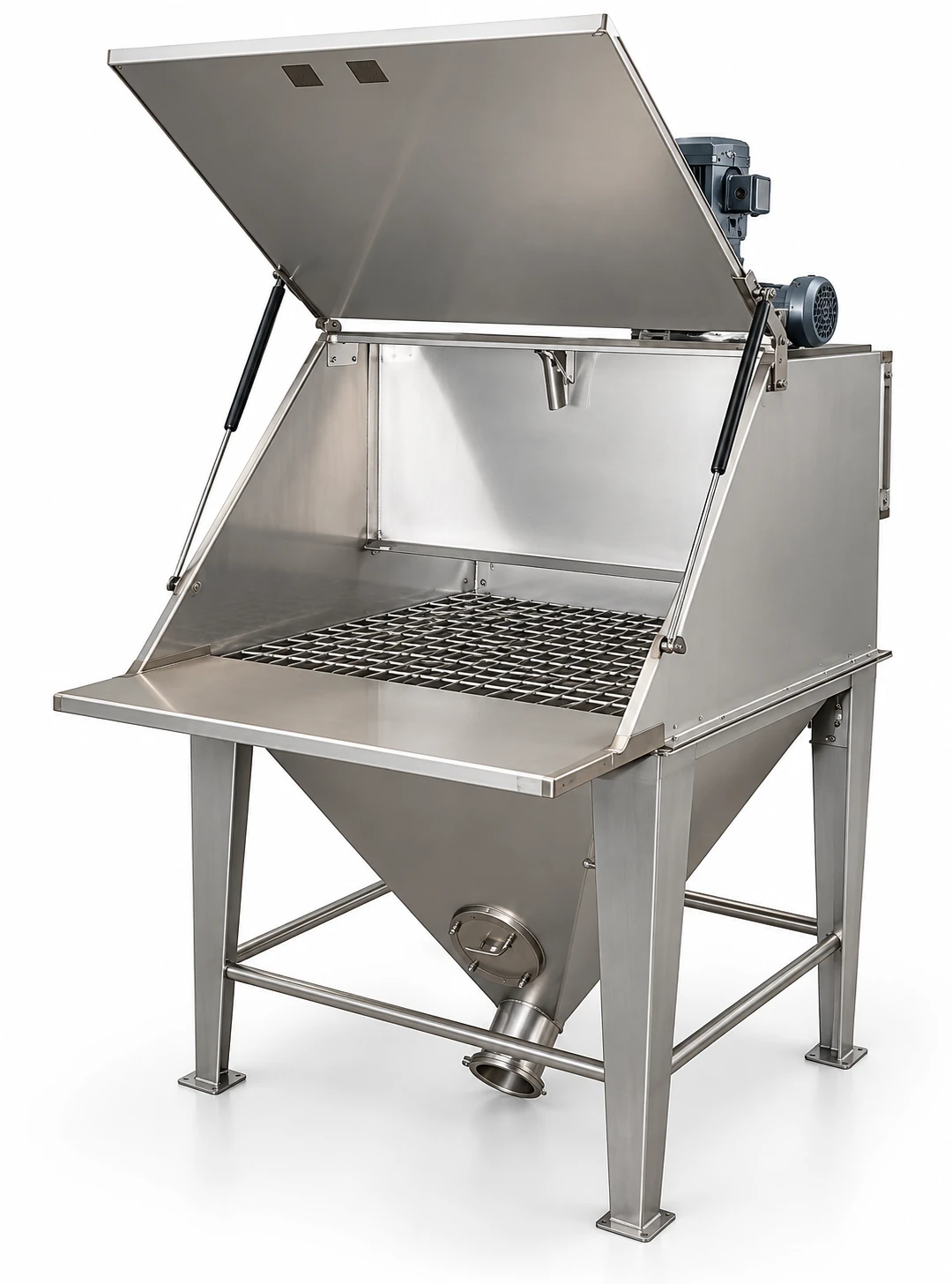 Saturn stainless steel hand dump station with integrated filter arrangement and open hinged lid