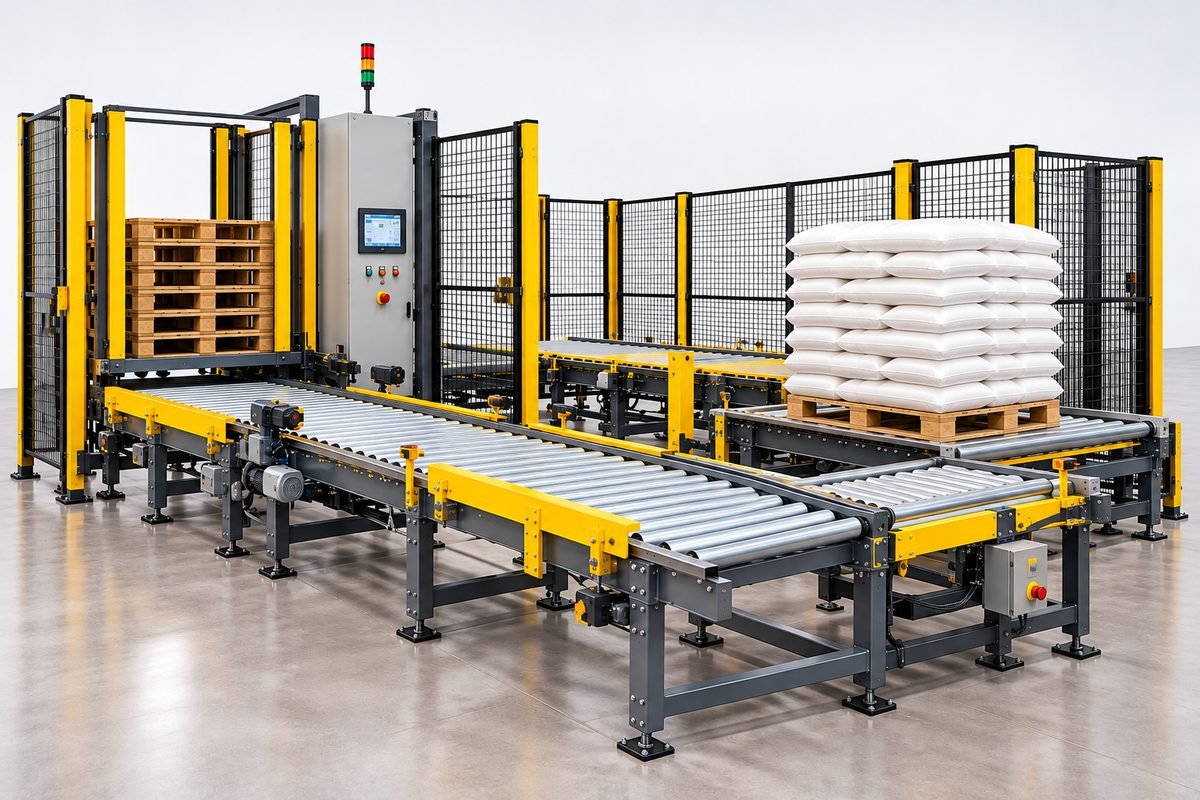 Industrial automated pallet conveyor and pallet handling system with safety guarding