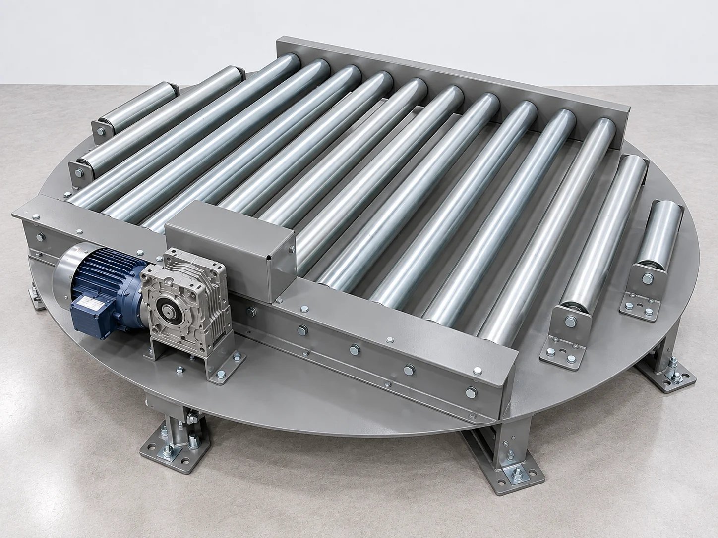 Circular powered roller pallet turntable with gray frame, steel rollers and drive motor