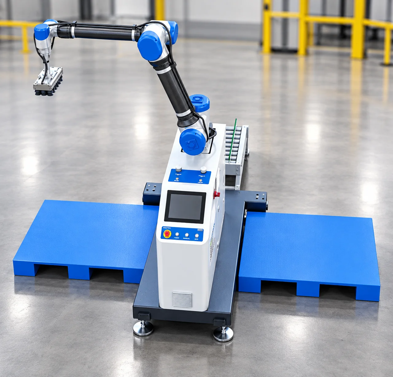 Compact palletizing robot with blue and gray articulated arm, controller, and dual pallet platforms