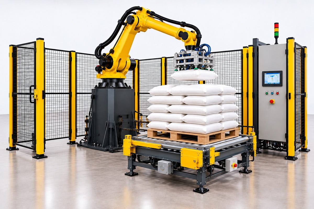 Industrial robotic palletizing system handling bags with automated pallet conveyor and safety guarding