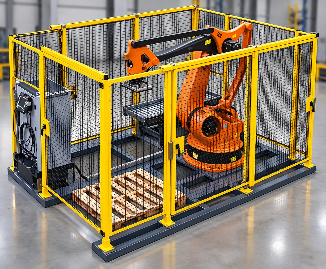 Robotic palletizing systems: enclosed robot cell with safety fencing and pallet handling area