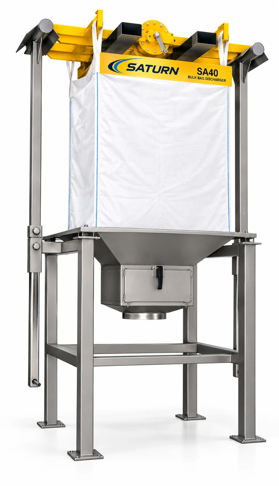 Saturn SA40 bulk bag discharger with sloped hopper and bulk bag support frame