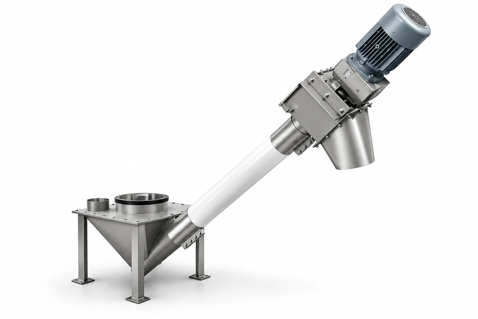 Saturn SAFSC flexible screw conveyor with feed hopper and inclined white conveying tube