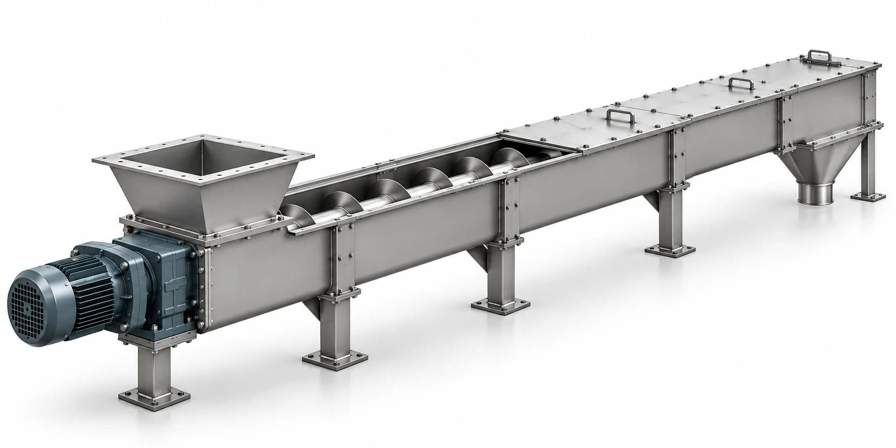 Saturn U-trough screw conveyor showing helical auger, inlet and discharge