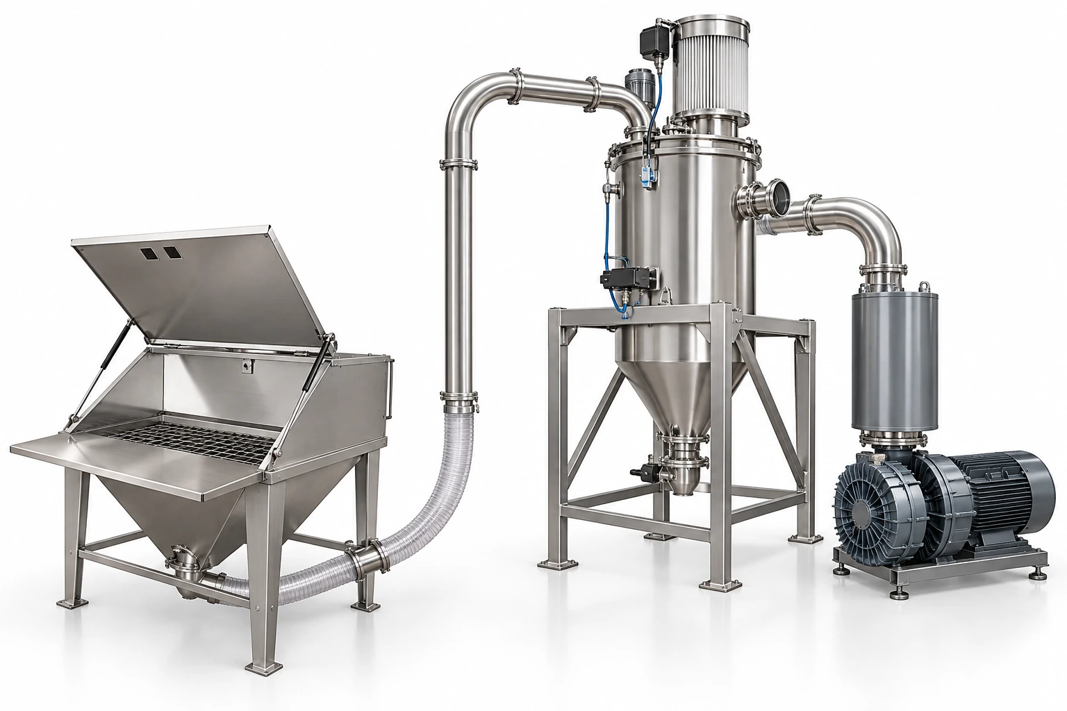 Complete vacuum pneumatic conveying arrangement with feed hopper, pipeline, receiver and blower package